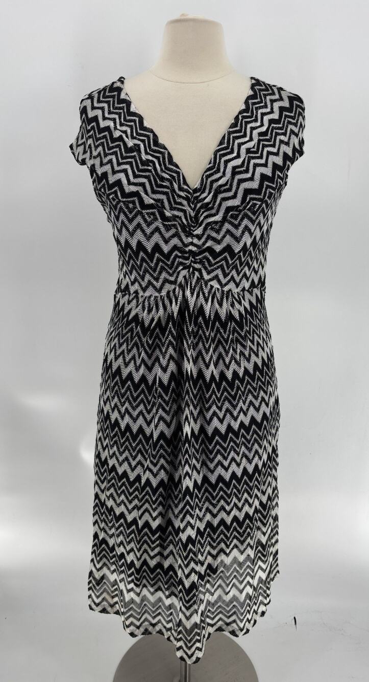 Anna Sui Dress Womens Large Black White Chevron Striped Knit V Neck Midi Stretch